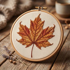 Puede incluir: Un bastidor de bordado circular de madera que contiene una pieza de tela Aida de color blanco roto. Centrado en la tela hay un bordado detallado de una hoja de arce en tonos naranja quemado, rojo intenso y marrón, con costuras de nervaduras.