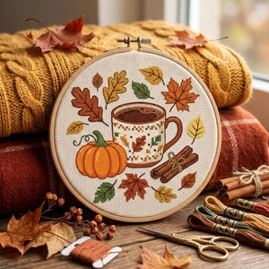 Puede incluir: Un bastidor de bordado circular con un patrón de punto de cruz que muestra una taza con líquido oscuro, una calabaza naranja y dos ramas de canela, rodeado de varias hojas de otoño en tonos rojos, naranjas, amarillos y verdes.