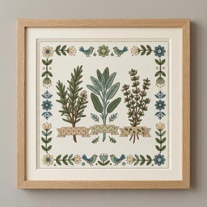 May include: A framed cross-stitch embroidery featuring three central herb sprigs in green and brown tones, each positioned above a decorative banner. The design is bordered by a repeating pattern of blue flowers, green leaves, and small blue birds.