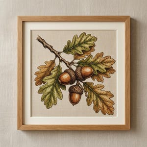 May include: A square framed cross-stitch embroidery featuring a detailed botanical illustration of an oak branch with three brown acorns and several green and golden-brown lobed oak leaves, set against a neutral beige fabric background.