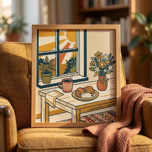 May include: A framed needlepoint art piece depicting a sunny window scene with a table, a mug, a plate with two croissants, and a vase of flowers. The colour palette includes shades of yellow, orange, teal, and cream, featuring a grid-like texture.