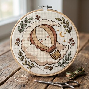 Hot Air Balloon Cross Stitch Pattern PDF | Boho Dreamy Clouds Chart | Nursery Wall Art | Instant Download | Sleeping Balloon