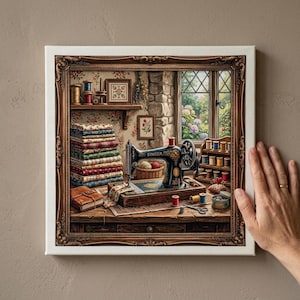 May include: A square canvas print featuring a detailed illustration of a black vintage Singer sewing machine on a wooden table, surrounded by stacks of colourful patterned fabrics, spools of thread, a small basket, and a window with flowers.