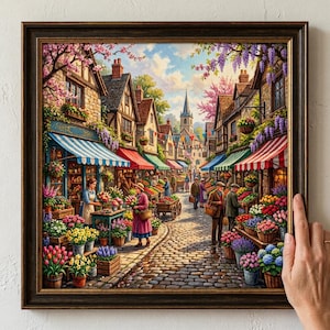 May include: A framed wall art print depicting a bustling European village street scene with stone buildings, cobblestone paths, and vibrant flower stalls under striped awnings. The scene features people shopping for colorful flowers in baskets and pots.