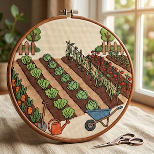 May include: A circular wooden embroidery hoop containing a cross-stitch pattern of a vegetable garden. The design features rows of green leafy vegetables, orange carrots, red tomatoes, and green beans, with a blue wheelbarrow and orange watering can.