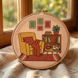 May include: A circular wooden embroidery hoop containing a cross-stitch design of a cosy room. The scene features a yellow armchair with a red throw, a wooden bookshelf with books, a potted plant, a small side table with a cup and book, and a rug.