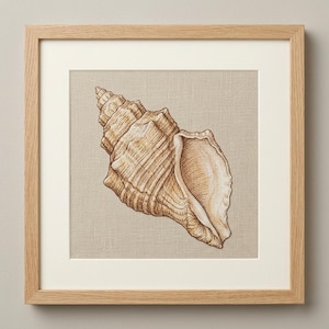 May include: A square framed wall art piece featuring a detailed brown ink illustration of a spiral seashell centered on a light beige textured fabric background, enclosed within a light-toned wooden frame with a wide off-white mat border.