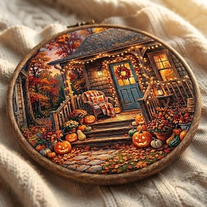 Pode incluir: Um bastidor de bordado circular de madeira emoldurando uma cena de outono detalhada de uma varanda decorada com luzes, uma porta azul com uma guirlanda, uma cadeira de vime e inúmeras abóboras laranjas e folhagens de outono no chão.