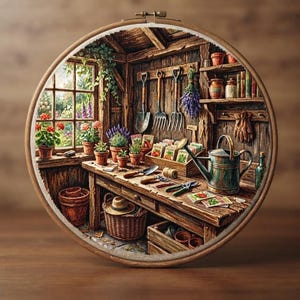 Op de afbeelding: Een ronde borduurring met een gedetailleerde scène van een rustiek tuinhuisje. Het interieur toont een houten werkbank met een metalen gieter, tuingereedschap, zaadzakjes en potplanten. Een raam biedt uitzicht op een tuin.