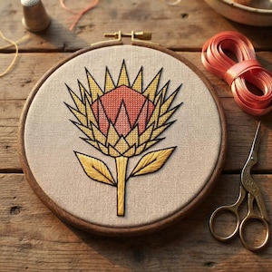 Protea korsstygnsmönster PDF, exotiskt botaniskt broderidiagram, modern väggkonst
