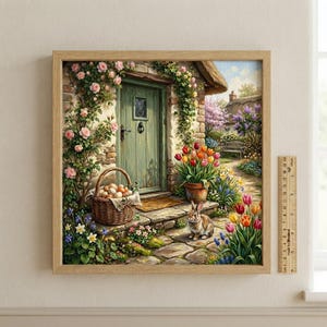 Op de afbeelding: Een ingelijste kunstdruk met een cottage-ingang met een groene deur, een mand met eieren en een konijn. Een houten liniaal naast de lijst toont aan dat het kunstwerk 30,5 cm hoog is. De scène bevat roze rozen, kleurrijke tulpen en een stenen pad.