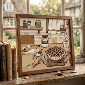 Op de afbeelding: Een ingelijste illustratie van een keukenscène met een taart op een rooster, een deegroller, een kom met bloem, een garde, een maatbeker en een pot met het label FLOUR. Het kunstwerk staat in een houten lijst naast drie boeken.