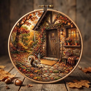 May include: A circular embroidery hoop framing a detailed scene of a stone cottage entrance during autumn. A squirrel sits on a cobblestone path covered in fallen orange leaves. The cottage features a wooden door, a window with glowing light, and ivy.