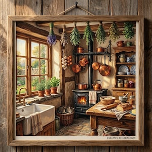 Könnte beinhalten: Ein gerahmter Kunstdruck mit dem Titel Evelyn's Kitchen 2024, der eine rustikale Küche mit Bauernspüle, Holzofen, hängendem Kupfergeschirr, getrockneten Kräutern, einem Holztisch mit Brot und einer in einem Korb schlafenden Katze zeigt.