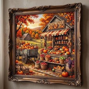 Puede incluir: Una impresión artística enmarcada que representa una escena de puesto de granja en otoño. La imagen muestra un carro de madera lleno de calabazas, un pequeño puesto de mercado con frutas y verduras en cestas y un granero al fondo.