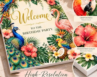 Tropical Birds Welcome Sign, 18 x24 Birthday Poster, Editable Canva Template, Jungle Theme, Instant Access