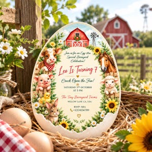 May include: An oval-shaped invitation card featuring a farm theme with a red barn, a calf, pig, chick, rabbit, horse, and lamb. The text reads: Join us for an Egg-stra Special Barnyard Celebration! Leo Is Turning 7. Crack Open the Fun! Saturday October at 5 PM. The Tiny Barnyard Farms, Willow Lane CA, USA. RSVP: MIA +1(234)56789.