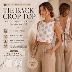 May include: A digital sewing pattern for a tie back crop top. The pattern includes sizes XS to XXXL, PDF files for A4, A0, and letter printing, and a sewing guide. The top features a white fabric with a brown floral print and a tie back closure.