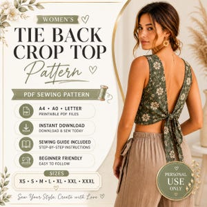 Women's Tie Back Crop Top Sewing Pattern, Open Back Summer Style (PDF Download)