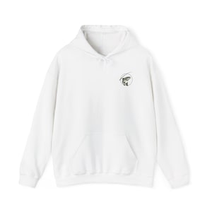 May include: A white long-sleeve hooded sweatshirt featuring a small, circular black and white graphic on the left chest. The graphic depicts a fish jumping out of water with a fishing line arching above it. The hoodie includes a front pouch pocket.