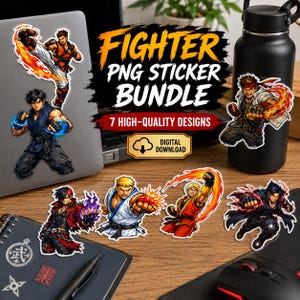 May include: A digital sticker bundle featuring seven distinct illustrations of martial arts fighters in dynamic combat poses, showcasing various elemental energy effects like fire and electricity, with text reading Fighter PNG Sticker Bundle.