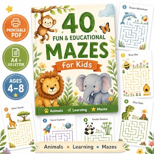 以下が含まれることがあります： 「40 Fun & Educational Mazes for Kids」というタイトルの本で、サル、ライオン、ゾウのイラストが描かれています。表紙にはテキストがあり、周囲のカードには海、ハチ、恐竜、宇宙などのテーマの迷路パズルが描かれています。