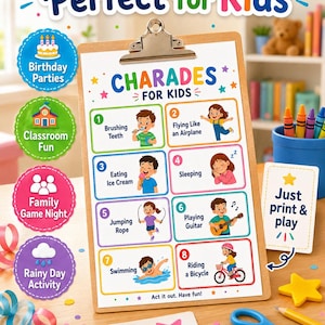 May include: A printable charades game sheet for children on a wooden clipboard. The sheet features eight numbered colourful boxes with illustrations and text for activities like brushing teeth, flying, eating ice cream, sleeping, jumping rope, playing guitar, swimming, and riding a bicycle.