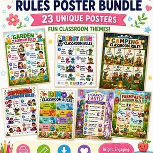 Könnte beinhalten: Ein digitales Set aus 23 Klassenzimmer-Regelplakaten mit Themen wie Garten, Roboter, Camping, Superhelden, Dinosaurier, Schloss und Bauernhof. Jedes Plakat zeigt nummerierte Regeln mit farbenfrohen Illustrationen und Text für junge Lerner.