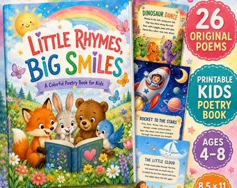 Libro de poesía infantil imprimible, 26 rimas coloridas para niños de 4 a 8 años, libro de lectura preescolar, poemas para la hora de dormir, descarga digital para educación en casa.