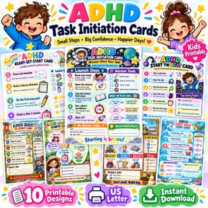 ADHD Task Initiation Cards for Kids, 10 Printable Visual Checklists (Digital Download)