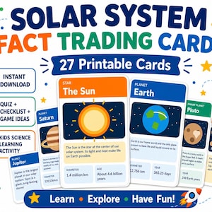 May include: A set of 27 printable solar system fact trading cards featuring illustrations of the Sun, Earth, Saturn, Jupiter, and Pluto. The cards include educational text, planet data, and activity prompts, with a title reading Solar System Fact Trading Cards.
