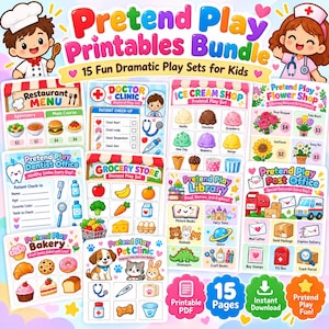 Könnte beinhalten: Ein digitales Set aus 15 ausdruckbaren Rollenspiel-Vorlagen für Kinder mit farbenfrohen Illustrationen von Restaurant, Arztpraxis, Eisdiele, Blumenladen, Zahnarztpraxis, Lebensmittelgeschäft, Bibliothek, Post, Bäckerei und Tierklinik.