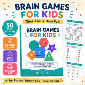 May include: A Brain Games for Kids activity book featuring 50 colorful puzzles. The cover displays geometric shapes numbered one through six connected by lines. Includes three sample activity pages showing a maze, shape matching, and a number path.