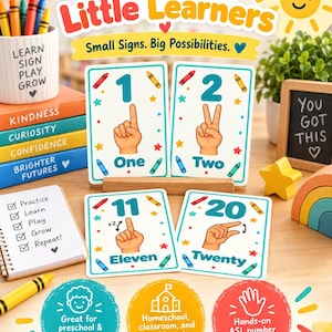 May include: Educational flashcards featuring numbers one, two, eleven, and twenty with corresponding hand signs. The cards display colorful crayon illustrations, stars, and text. Additional items include a notepad with a checklist and a pencil cup.