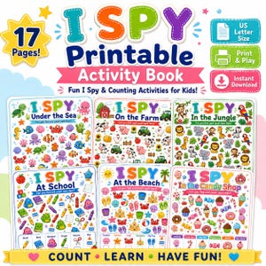 以下が含まれることがあります： 子供向けの「I Spy」探し遊びと数え遊びが17ページ分収録された印刷可能なアクティビティブック。表紙には、海の中、農場、ジャングル、学校、ビーチ、キャンディショップという6つのカラフルなテーマが描かれています。