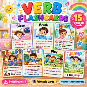 May include: A set of 15 printable verb flashcards featuring colourful illustrations of children performing actions like sleep, brush, wash, read, write, play, and jump. Each card includes example sentences and the text Verb Flashcards.