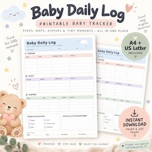 Könnte beinhalten: Ein ausdruckbarer täglicher Baby-Logbuch-Tracker mit Abschnitten für Fütterung, Schlaf, Windeln, Stimmung, Aktivitäten und Meilensteine. Das Dokument enthält Kopfzeilen für den Namen des Babys, das Datum und das Alter in Pastellfarben.