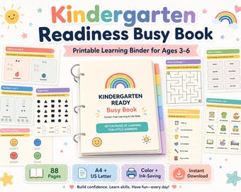 Kindergarten Readiness Busy Book Printable, Preschool Learning Binder, Screen-Free Activities Ages 3–6, Instant Download