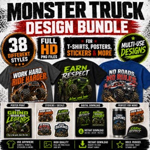 Pode incluir: Um pacote de designs de monster truck com 38 arquivos PNG em alta definição para camisetas, pôsteres e adesivos. A coleção inclui várias ilustrações gráficas de monster trucks com sobreposições de texto como Work Hard, Ride Harder.