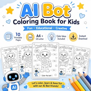 Puede incluir: Un libro para colorear AI Bot para niños con 10 páginas imprimibles en tamaños A4 y US Letter. La portada muestra varias hojas para colorear con temas de robots con títulos como Drawing Bot, Music Bot, Meet an AI Bot y Car Bot.