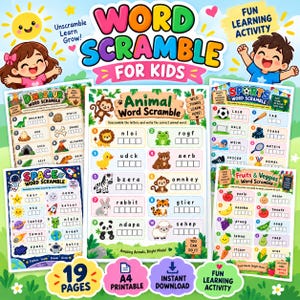 Könnte beinhalten: Eine Sammlung bunter Wortsuchrätsel-Arbeitsblätter für Kinder mit Themen wie Tieren, Dinosauriern, Sport, Weltraum und Obst. Die Seiten enthalten Illustrationen, Buchstabensalat-Rätsel und den Text Word Scramble for Kids.