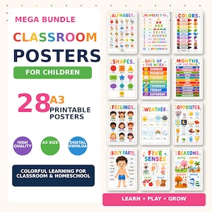 May include: A mega bundle of 28 A3 printable classroom posters for children featuring colorful educational charts for alphabet, numbers, colors, shapes, days, months, feelings, weather, opposites, body parts, five senses, and seasons with text.