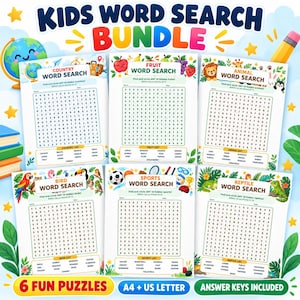 Könnte beinhalten: Ein Kindersuchrätsel-Paket mit sechs druckbaren Rätselblättern zu den Themen Länder, Früchte, Tiere, Vögel, Sport und Reptilien. Jede weiße Seite enthält ein Buchstabenrätsel, eine Wortliste und bunte Illustrationen. Inklusive der Lösungsschlüssel.