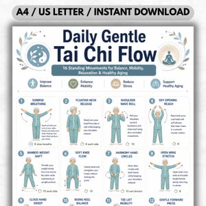 Gentle Tai Chi Exercises Poster | 16 Standing Tai Chi Movements for Balance & Mobility | Printable Wellness Wall Chart