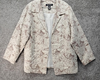 Dialogue Womens 18W Floral Jacquard Linen Cotton Blazer Jacket Beige Tan 7373
