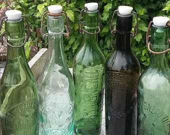 1 1930s French Green Glass Beer Bottle Biere Ceramic Stopper, 1 Bottle, M Cassaigneau Fils Agen, France