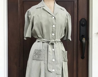 1940s Day House Dress, Houndstooth Check, Short Sleeve Dress