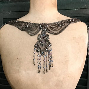 Antique Beaded Dress Appliqué, Accessory, Black tulle, Glass Beads, Restoration Project, Costume Design image 2