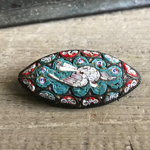 19th C Millefiori Micro Mosaic Brooch Pin, White Dove, Hallmarked Silver, Italian, Victorian Artisan Micro Glass, KH