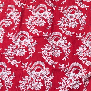 French Red Floral Cotton Print Fabric, Remnant, Sewing Projects, French Historical Fabric Textiles image 2